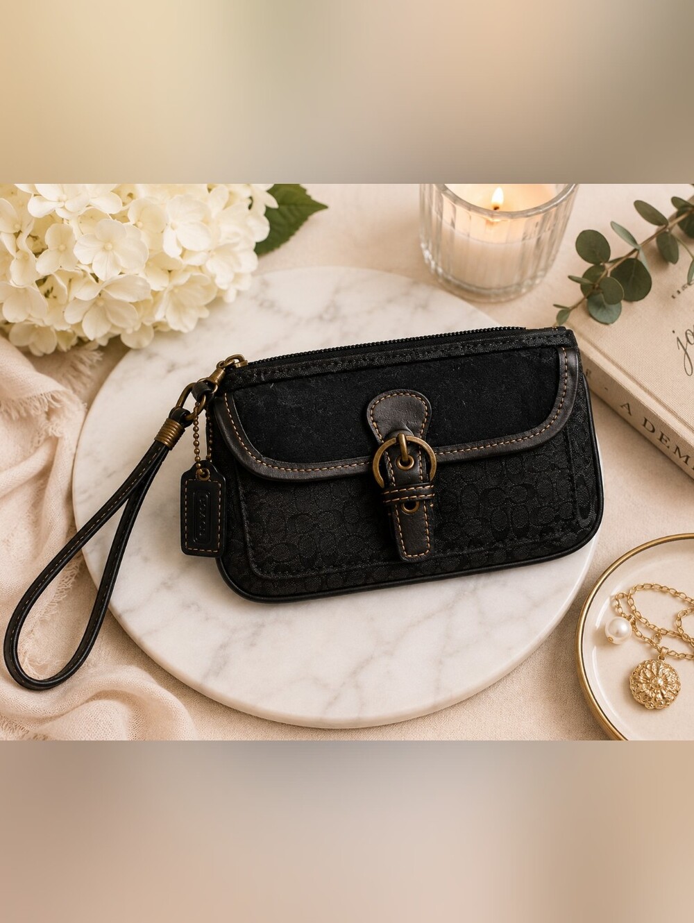Coach Black Signature Canvas Wristlet Clutch with Buckle Detail